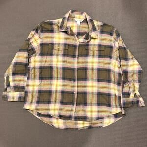 Old Navy Long Sleeve Plaid Flannel Tunic Boyfriend Olive Plaid Shirt Women's XL